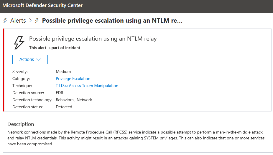 NTLM alert for Juicy Potato malware.