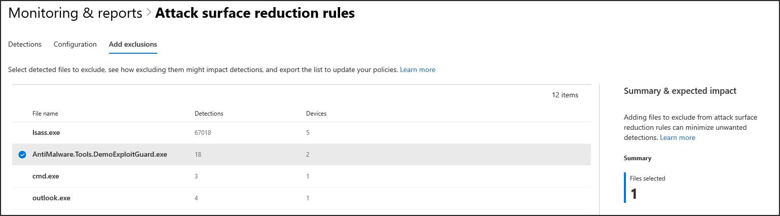 Add exclusions tab in the Attack surface reduction rules page in Microsoft 365 Defender portal.