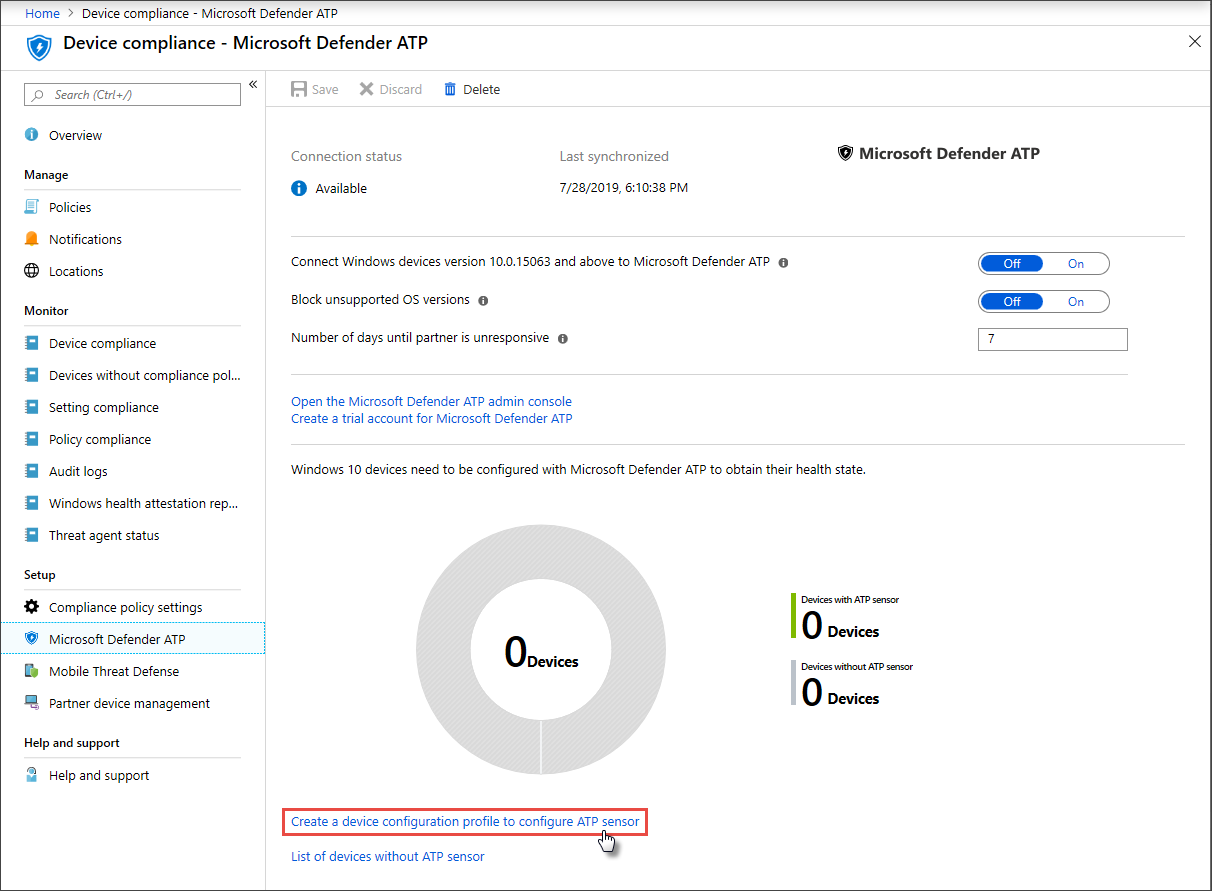 Microsoft Defender for Endpoint device compliance page on Intune device management.
