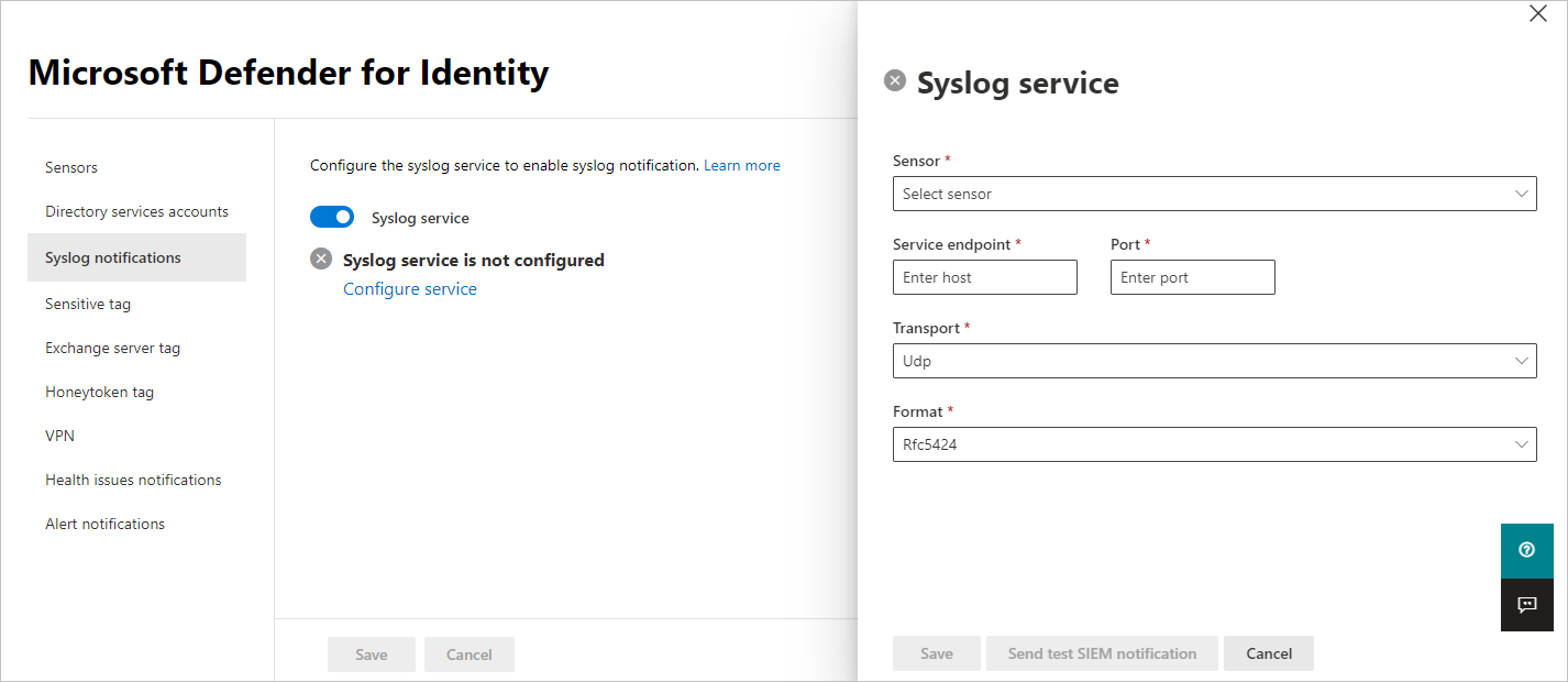 Enter syslog service details.