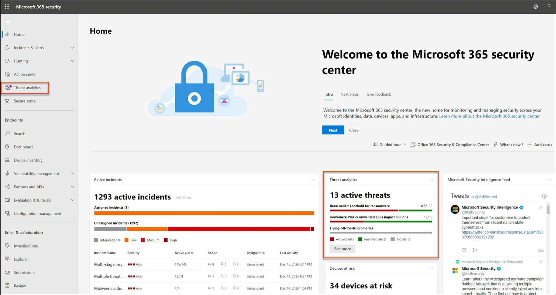 Image of the threat analytics dashboard.