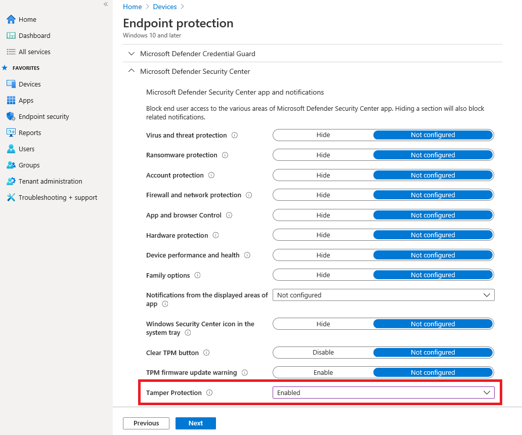 Turn tamper protection on with Intune.