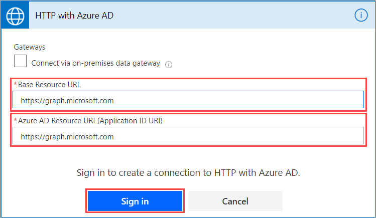 Screenshot of the HTTP with Azure AD window, showing the Resource fields and sign-in button.