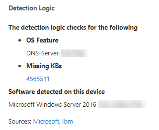 Detection Logic example which lists the software detected on the device and the KBs.