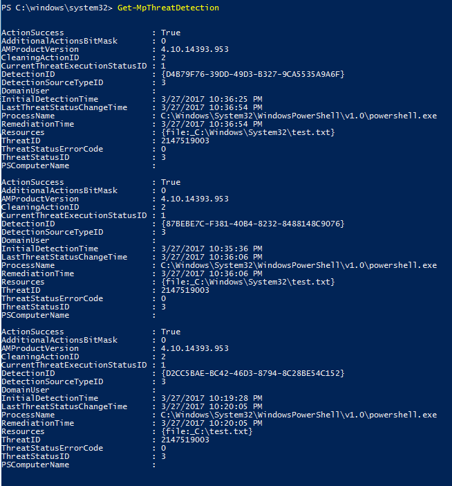 screenshot of PowerShell cmdlets and outputs.