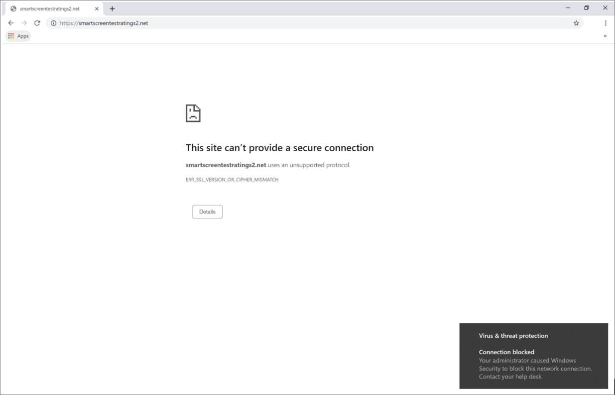 Image of Chrome web browser showing a secure connection warning and the Windows notification.